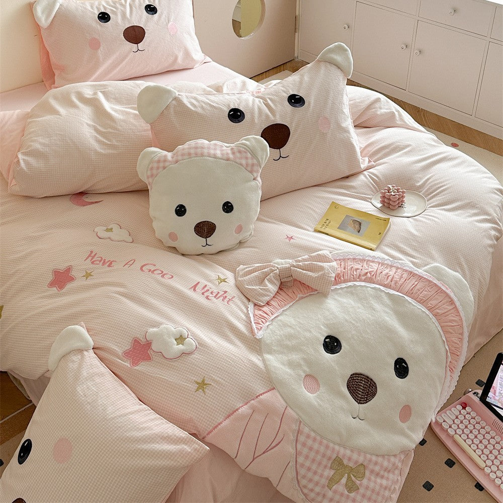 Children's Cotton-Blend Bear Embroidered Duvet Cover Bedding Set