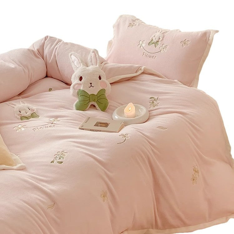 Embroidered Plush Bunny Comforter Bedding Set with Decorative Pillow Shams