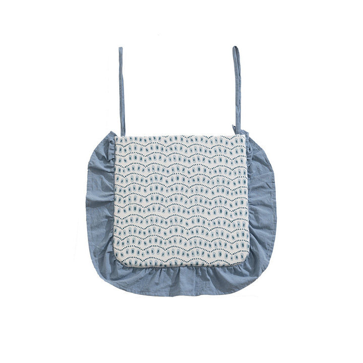 Padded chair seat cushion with tie straps and ruffled edge