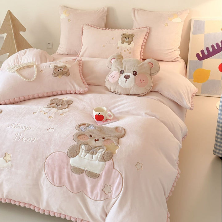 Kids' Embroidered Teddy Cotton Duvet Cover & Pillow Sham Set