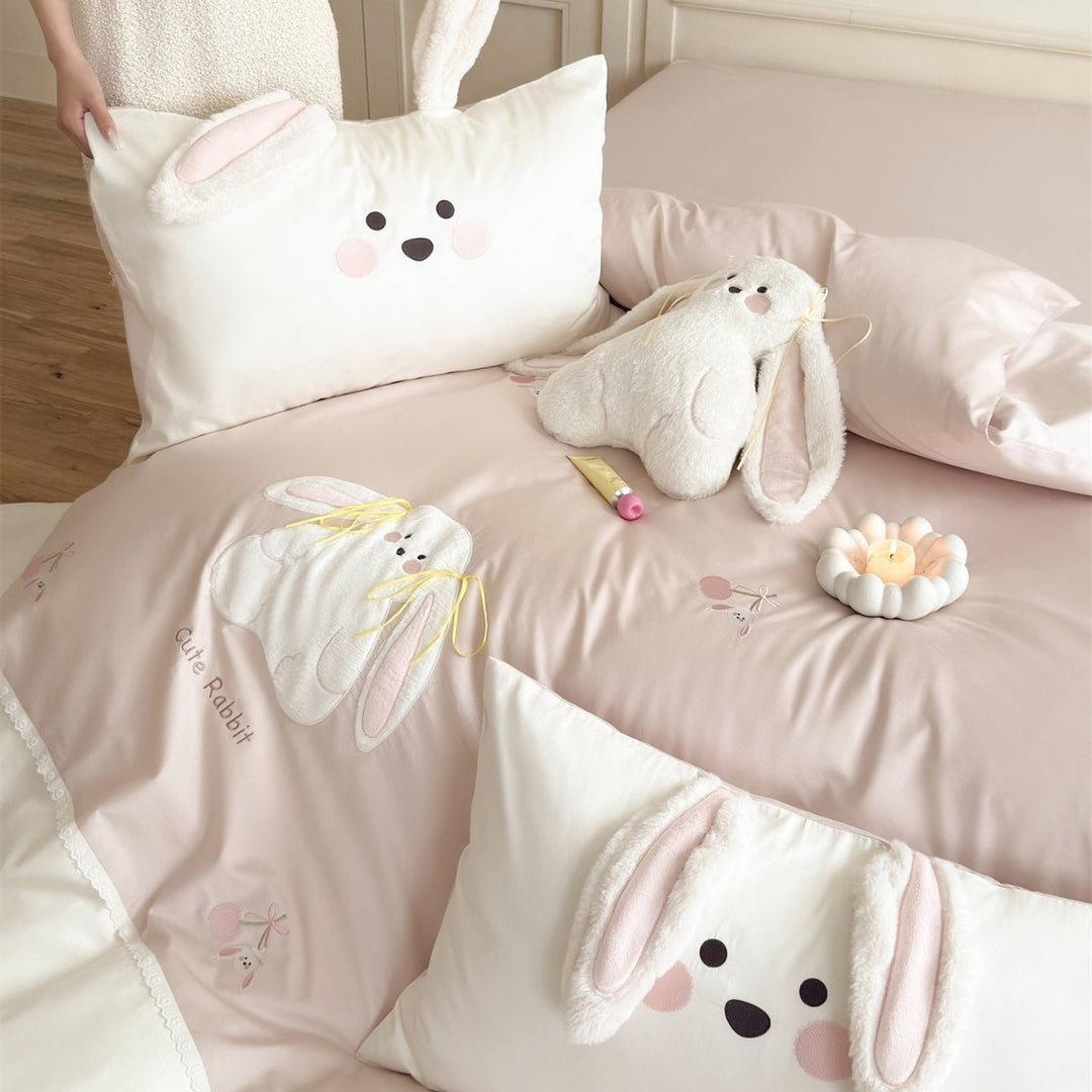 Plush 3D Bunny Appliqué Embroidered Cotton Sateen Duvet Cover Set