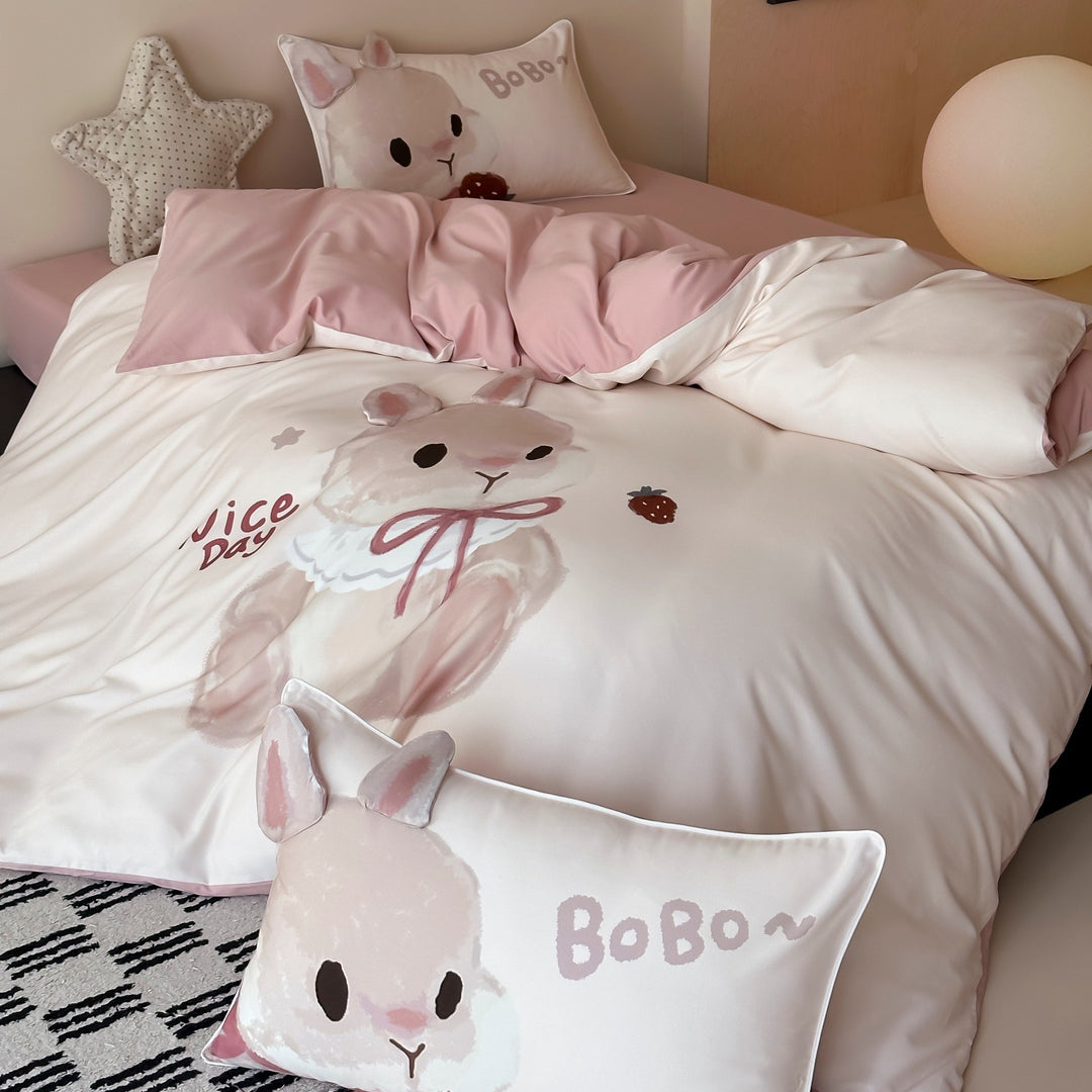 Children's bedding set with cute rabbit illustration and reversible function