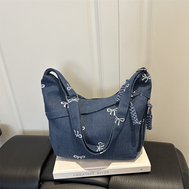 Embroidered Denim Shoulder Bag