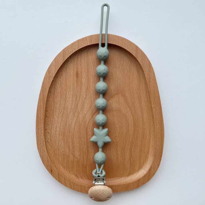Silicone Star-Bead Pacifier and Teether Clip with Wooden Safety Clamp