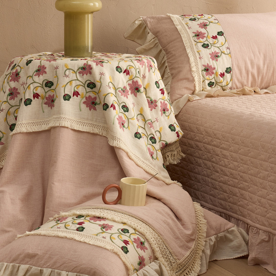 Ruffled Embroidered Floral Cotton Duvet Cover Set with Lace Trim & Decorative Shams