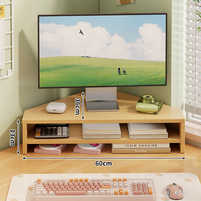 Corner Wooden Monitor Riser with Dual-Tier Storage Shelf