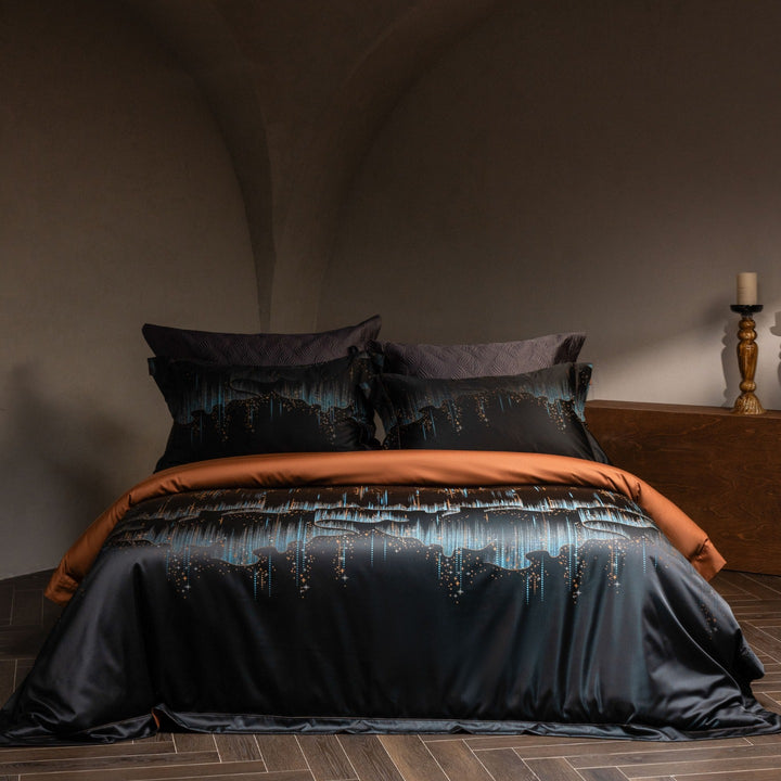 Luxurious satin bedding set with jacquard lace pattern and decorative pillow