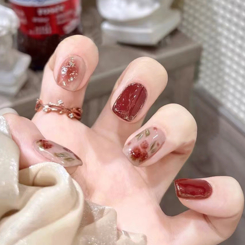 Floral-Design Press-On Nail Set with Gem Accents