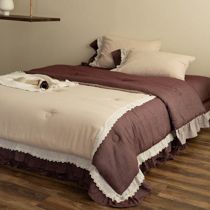 Ruffled Lace-Trimmed Linen Duvet Cover & Tufted Comforter Set