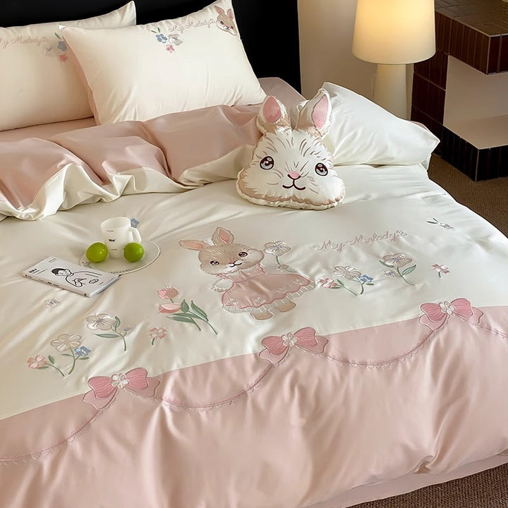 Whimsical Bunny Embroidered Duvet Cover Set with Reversible Sateen Back and Plush Accent