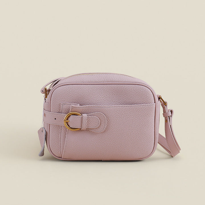 Pebbled Vegan Leather Camera Crossbody Bag with Decorative Buckle & Front Slip Pocket