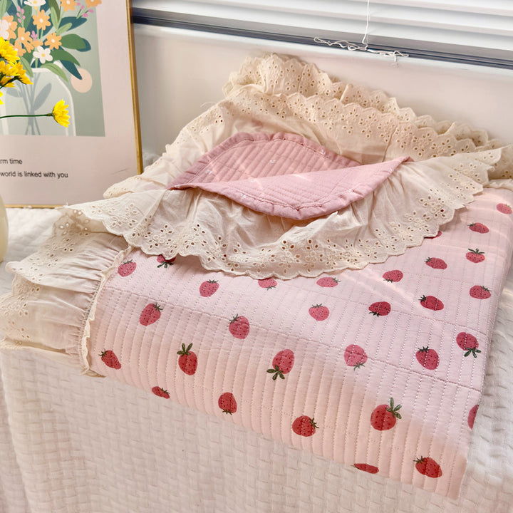 Quilted Floral Reversible Throw Blanket with Eyelet Lace Ruffle