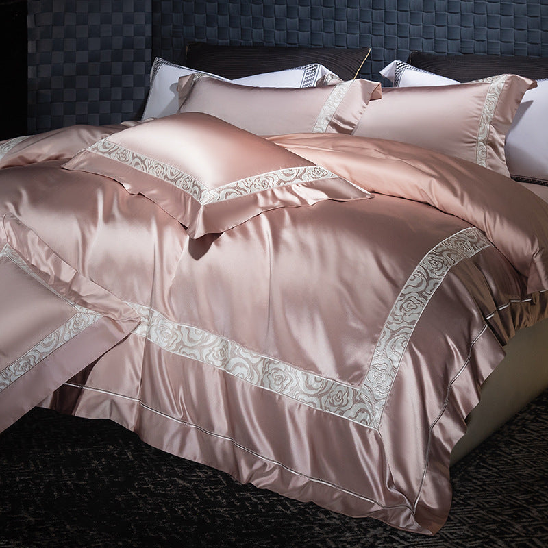 Luxury Satin Duvet Cover Set with Floral Jacquard Border