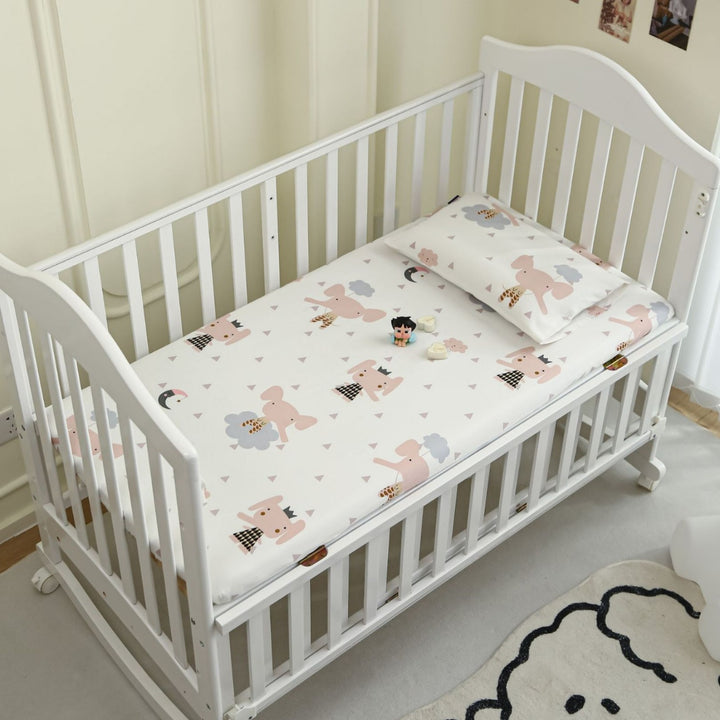 Printed Organic Cotton Fitted Crib Sheet & Pillowcase Set with Cute Elephant and Cloud Nursery Pattern