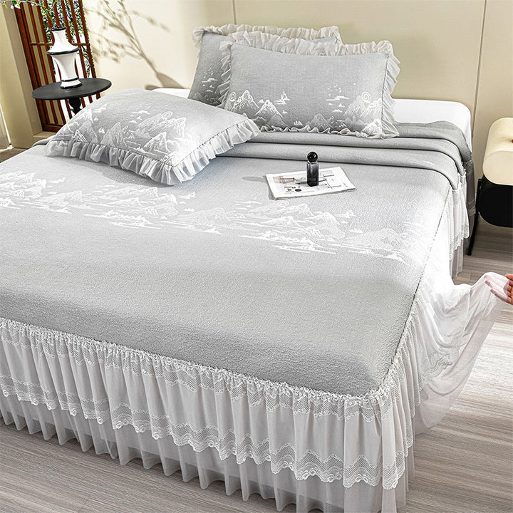 Elegant quilted bedspread with lace ruffle and mountain jacquard