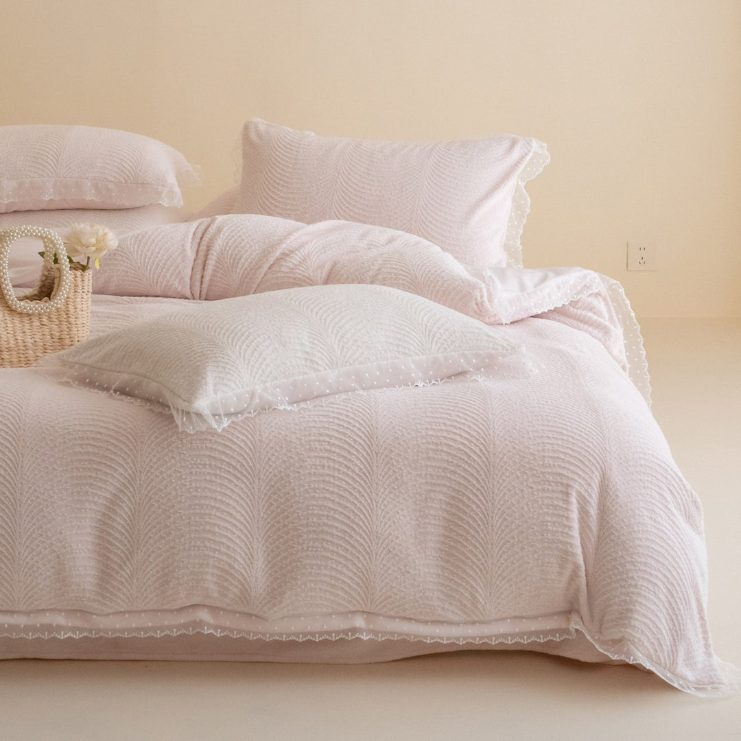 Quilted Wave-Textured Duvet Cover Set with Lace-Trim Shams