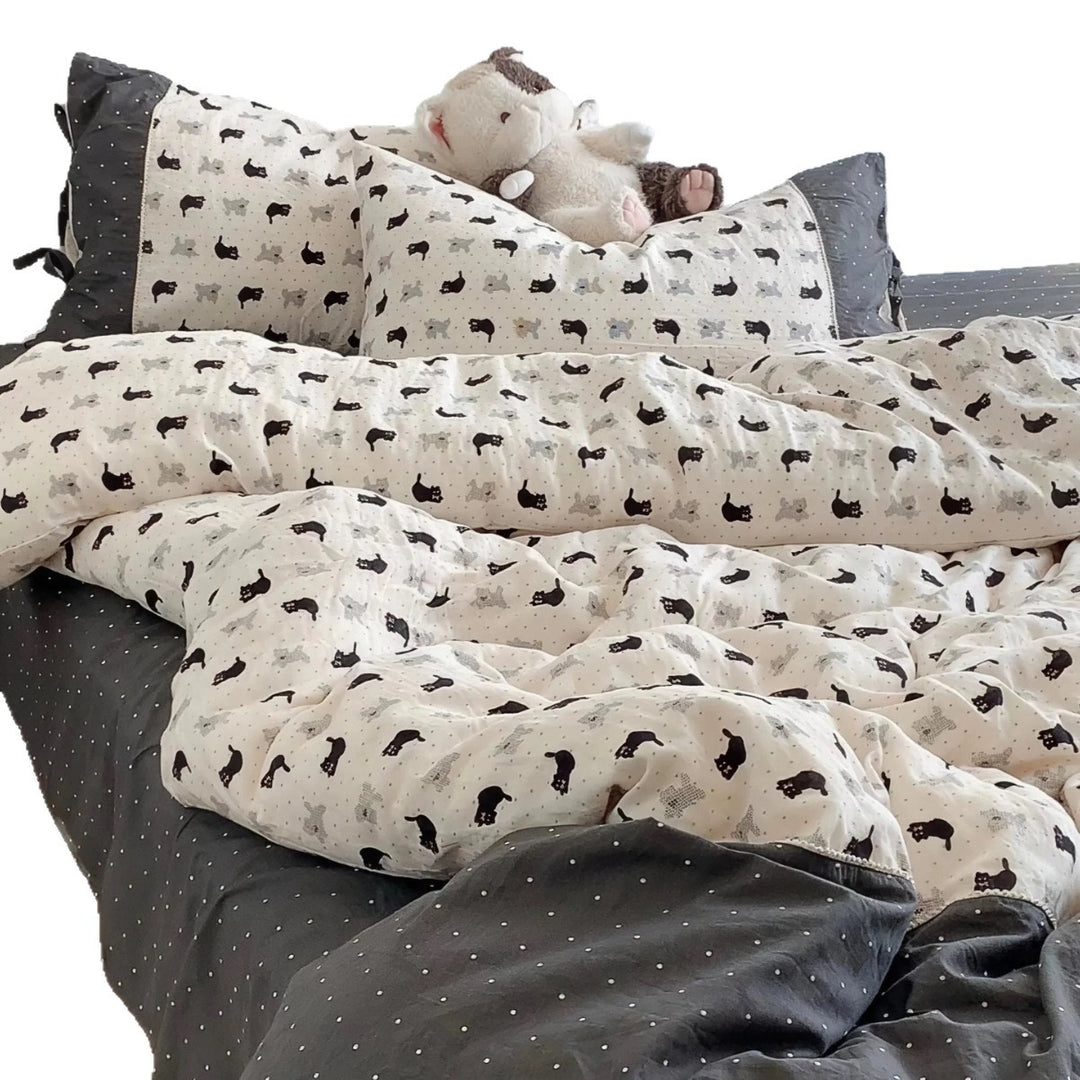 Cotton Baby Crib Bumper and Duvet Cover Set with Cat Print Tie-Closure