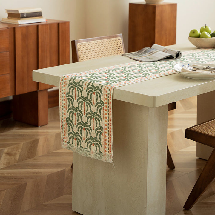 Woven table runner with floral meadow flowers jacquard and fringes Stornfield