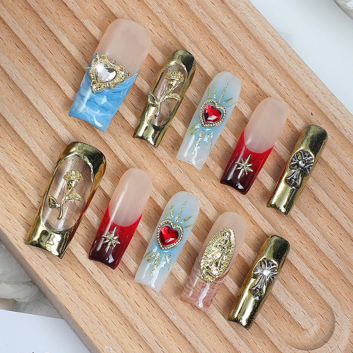 Artificial nail set with cherry motif and sparkling rhinestones Stornfield