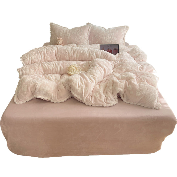 Plush Quilted Floral-Embossed Reversible Comforter Set with Sherpa Lining