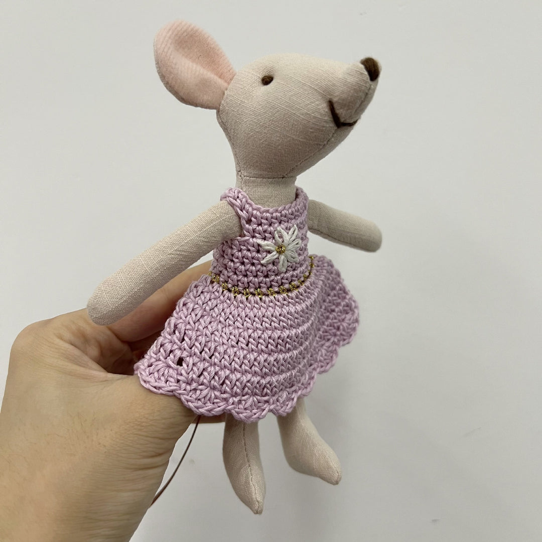 Miniature Hand-Sewn Linen Mouse Soft Toy with Crocheted Dress