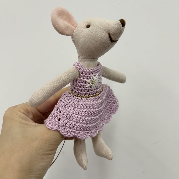 Miniature Hand-Sewn Linen Mouse Soft Toy with Crocheted Dress