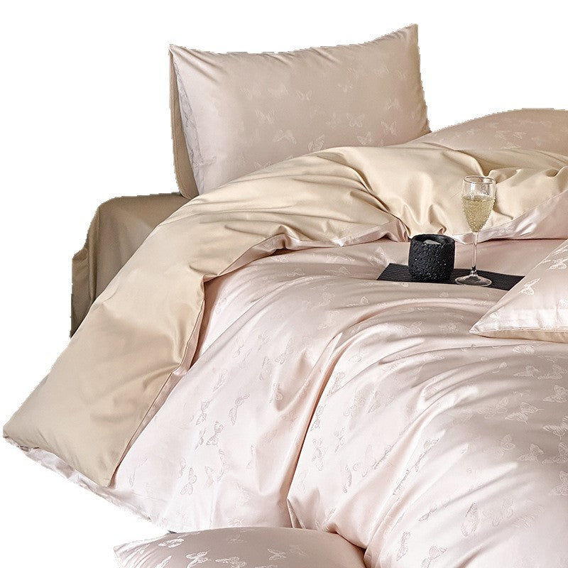 Jacquard bedding set made of cotton satin with subtle butterfly relief and reversible function