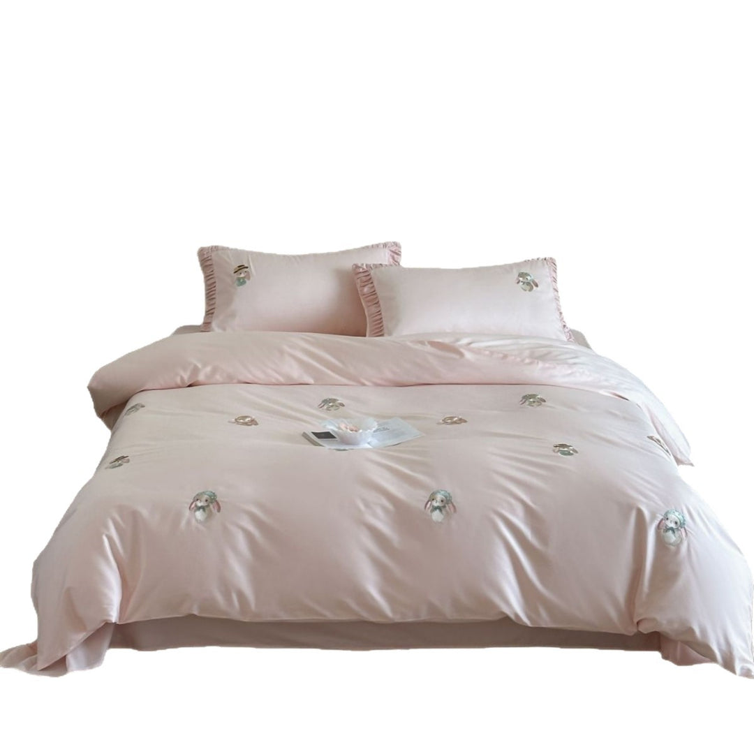 Luxurious cotton satin bedding set with embroidered bunnies