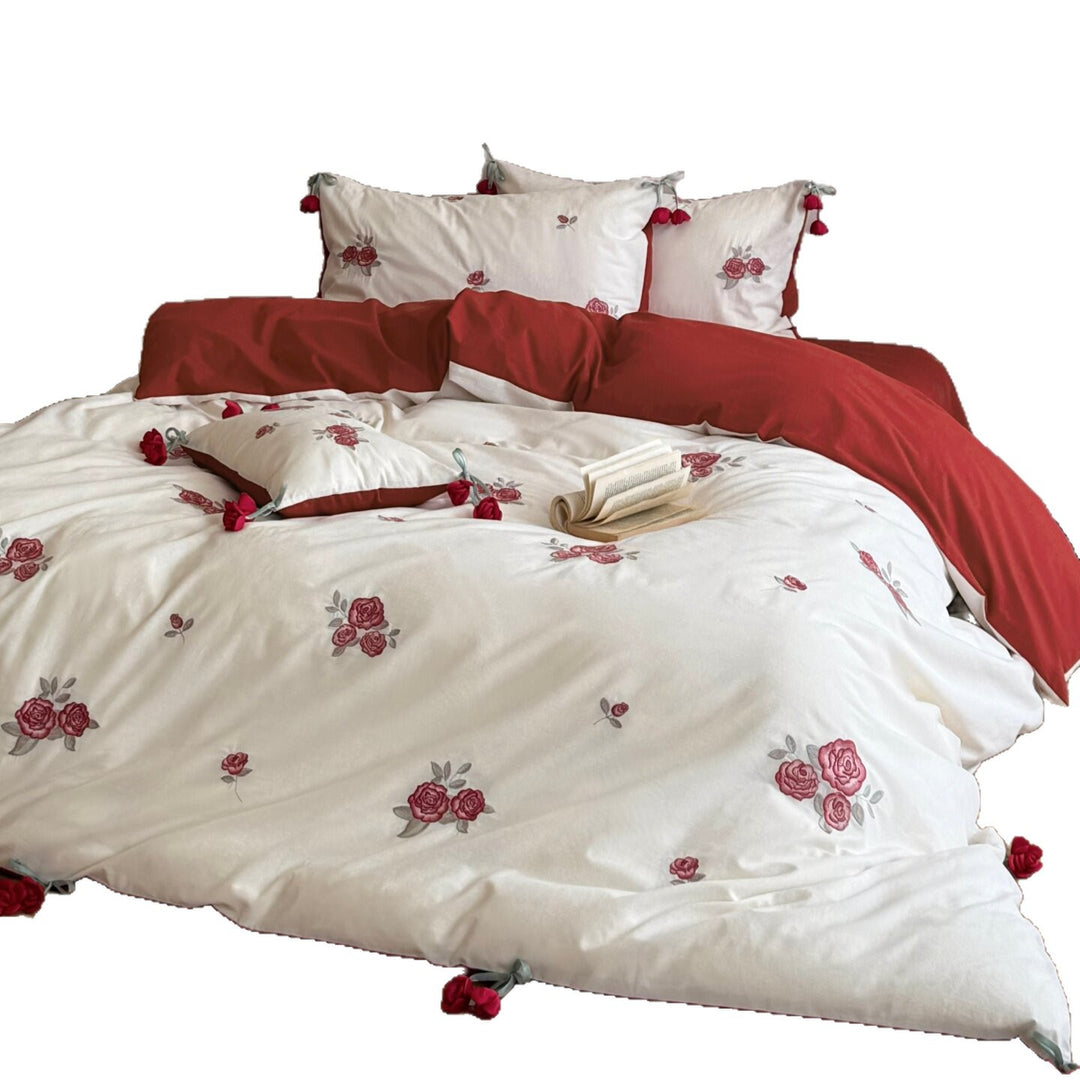 Embroidered Rose Cotton Sateen Reversible Duvet Cover Set