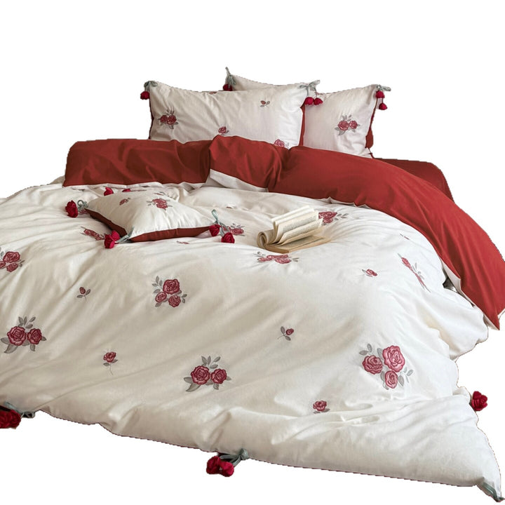 Embroidered Rose Cotton Sateen Reversible Duvet Cover Set