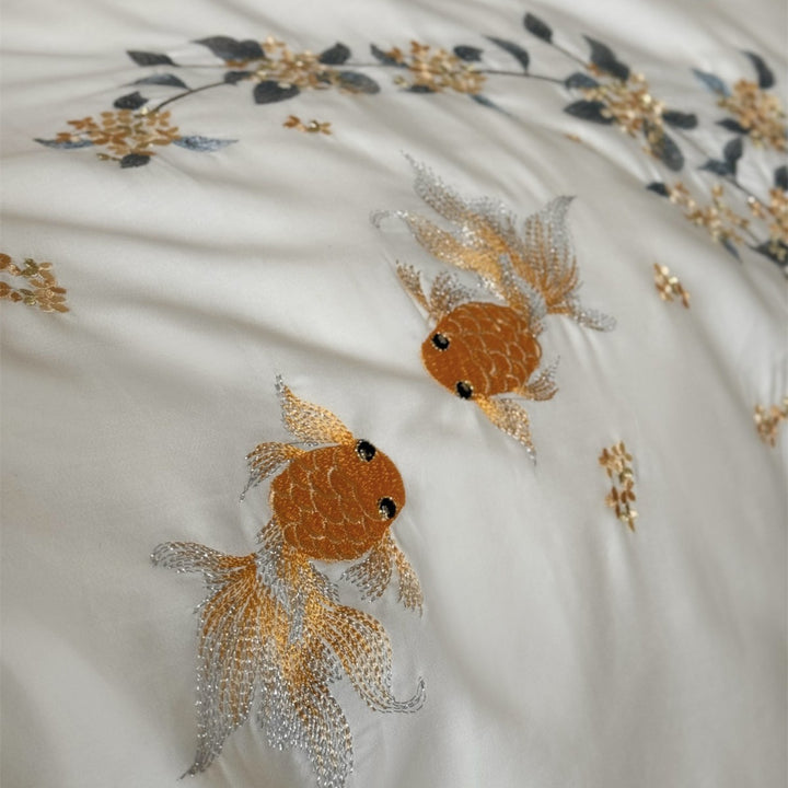 Embroidered Cotton Sateen Duvet Cover Set with Goldfish & Floral Motifs and Velvet Tie Closures