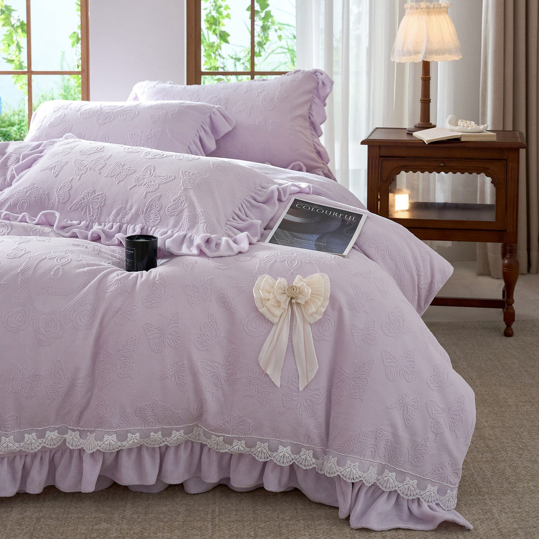 Embroidered Butterfly Pattern Bedspread Set