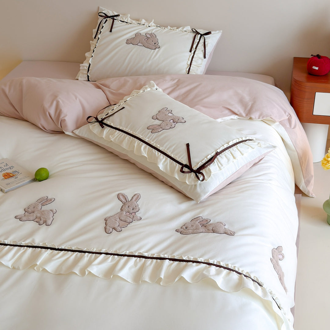 Ruffled Appliqué Bunny Cotton Duvet Cover Set with Satin Tie Pillow Shams