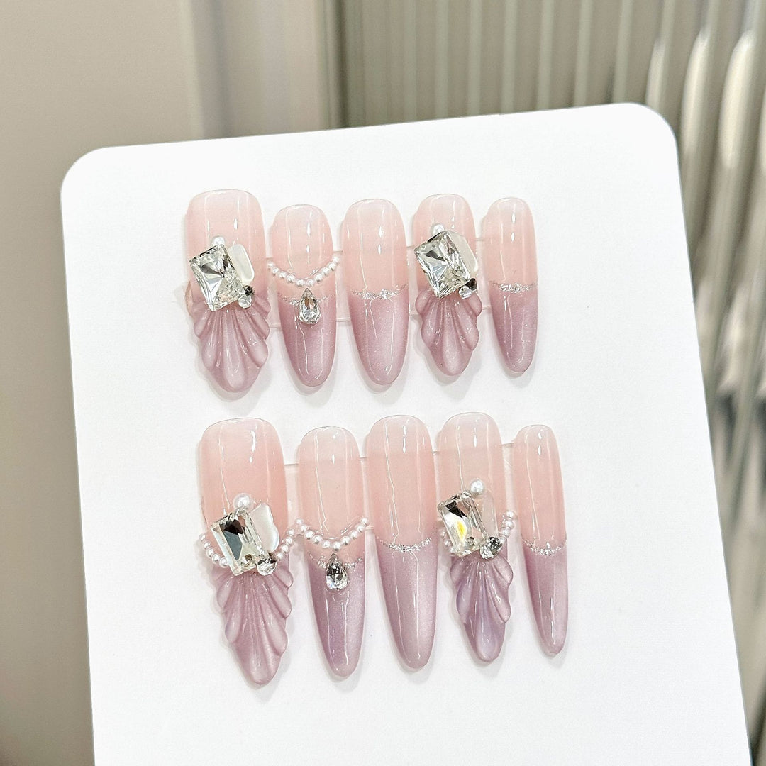 Decorative Press-On Nail Set with Gem and Pearl Accents