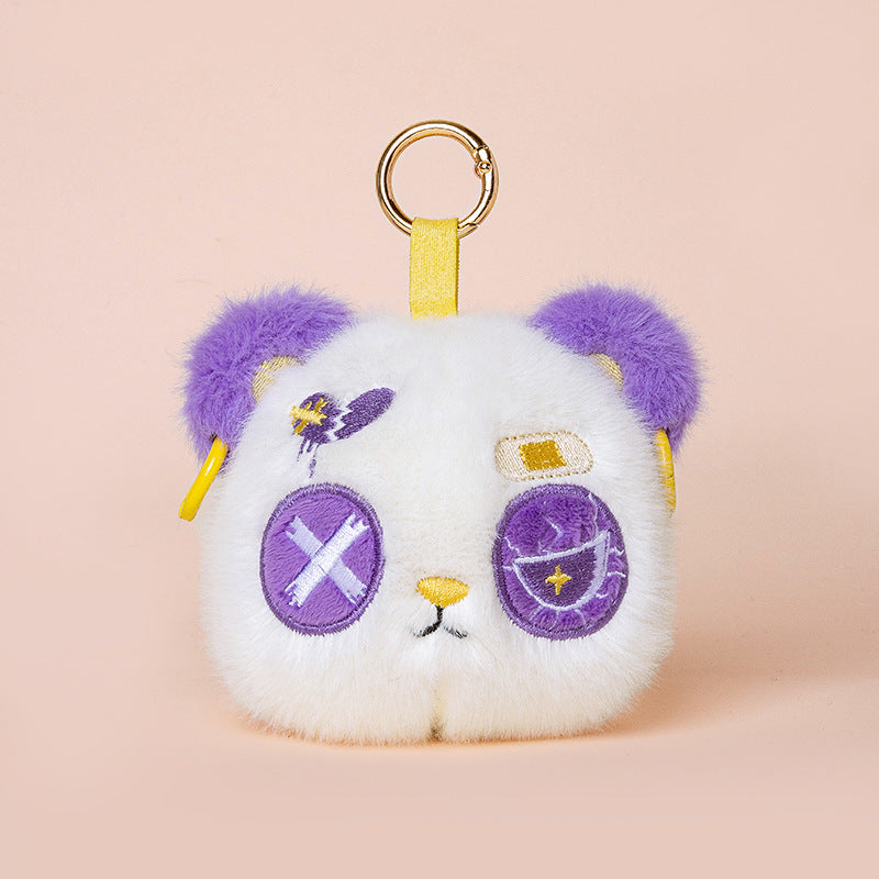 Faux-Fur Bunny Charm Key Fob with Embroidered Patchwork Face and Gold Metal Ring Stornfield