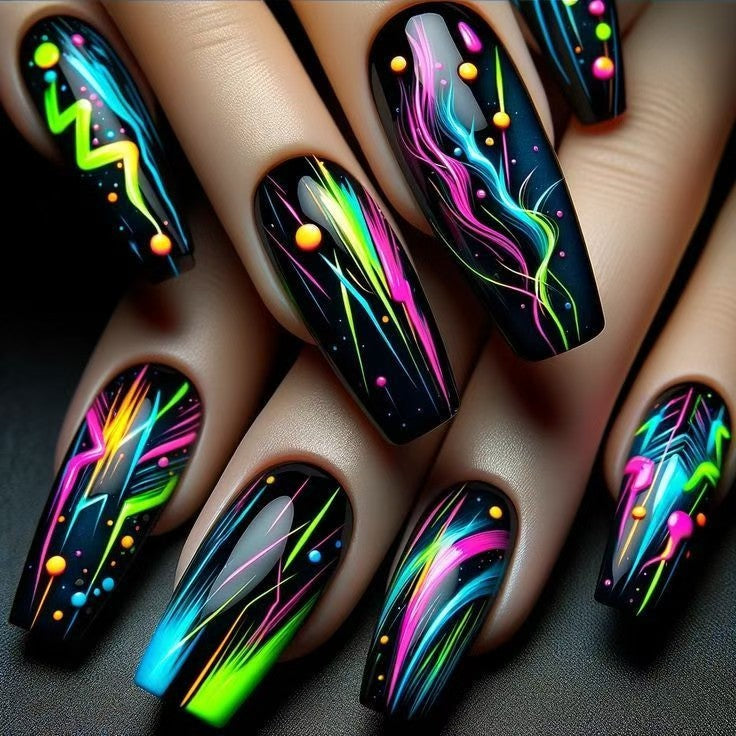 Creative artificial nails with luminous neon design Stornfield