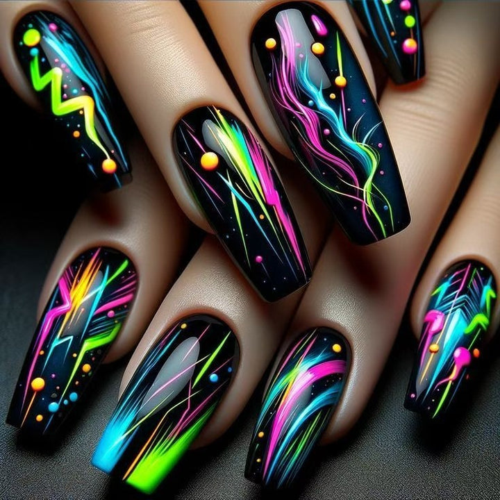 Creative artificial nails with luminous neon design Stornfield