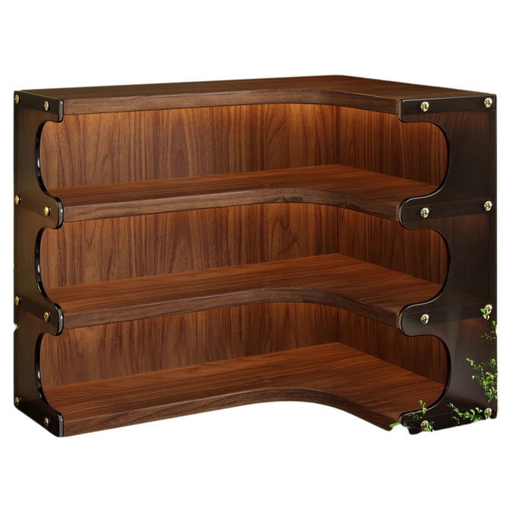 Corner Triple-Tier Wooden Countertop Display Shelf Organizer with Curved Shelves and Brass Accents