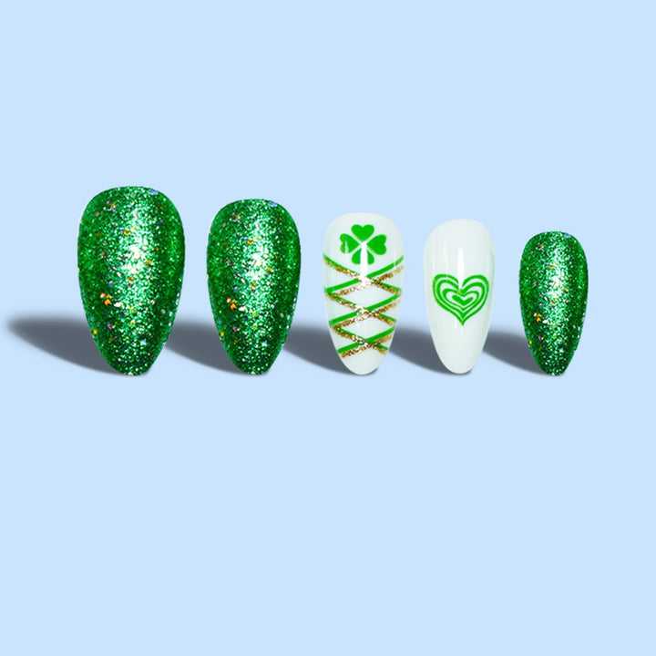 Glamorous Stiletto Press-On Nail Art with Glitter and Shamrock Design Stornfield