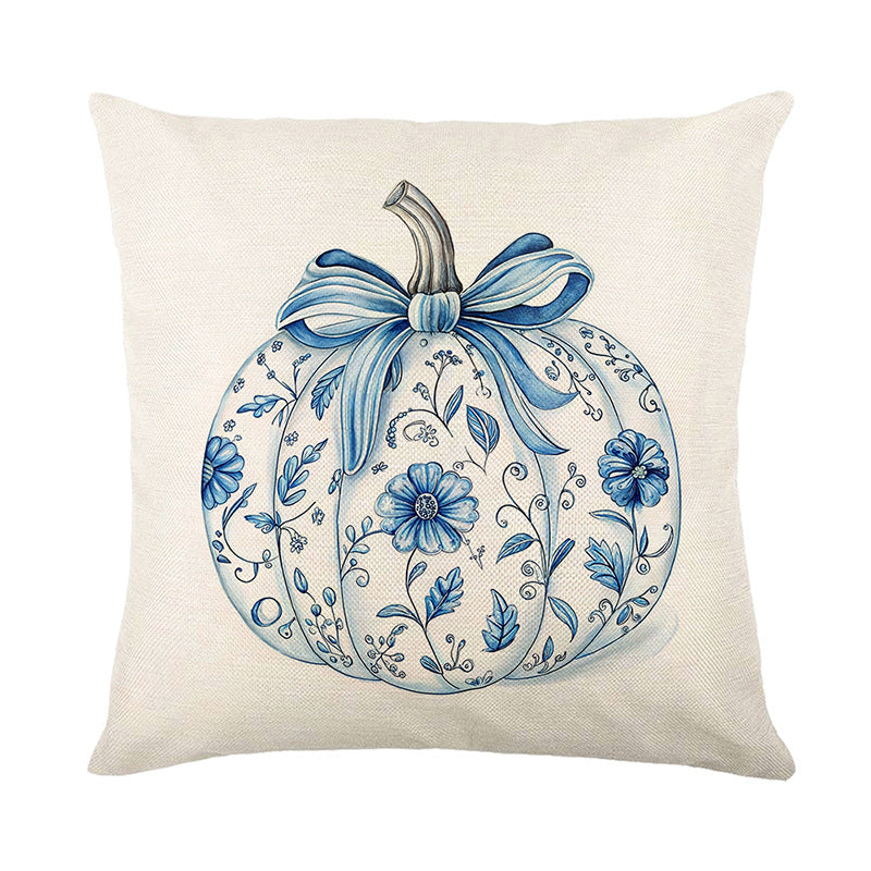 Decorative Linen Throw Pillow Cover with Floral Pumpkin Illustration and Bow Accents