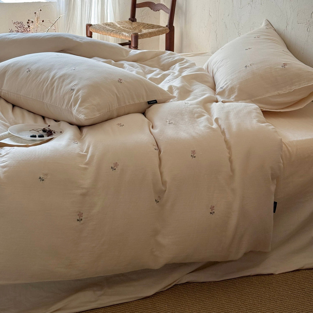 Embroidered Mini Floral Cotton Duvet Cover Set with Pillowcases