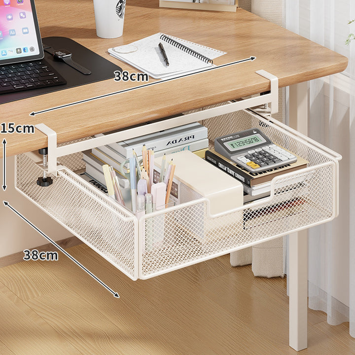 Clamp-On Under-Table Sliding Mesh Drawer with Adjustable Rail and Ventilated Metal Basket