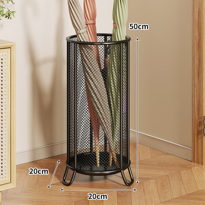 Cylindrical Perforated Metal Umbrella Stand with Raised Legs and Ventilated Mesh Body