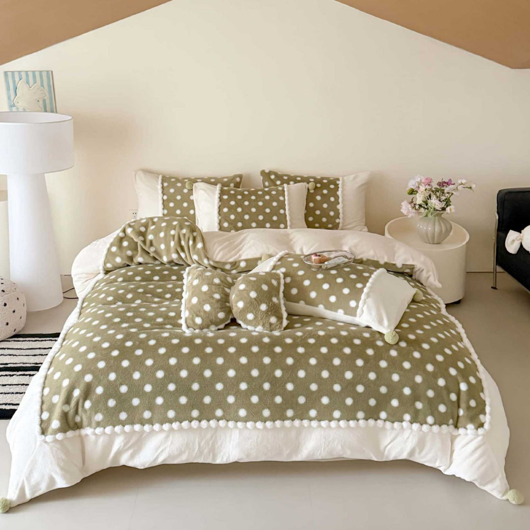 Polka Dot Plush Reversible Duvet Comforter Set with Pom-Pom Trim and Bolster Pillows