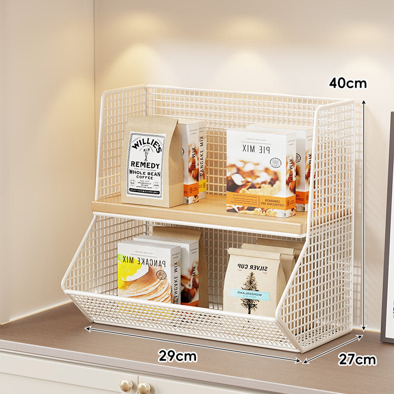Compact Mesh Countertop Pantry Organizer with Two Wooden Shelves and Deep Front Basket