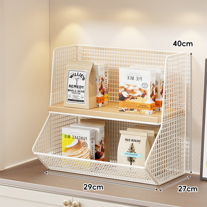 Compact Mesh Countertop Pantry Organizer with Two Wooden Shelves and Deep Front Basket