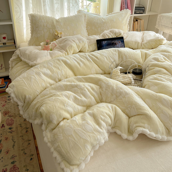 Plush Quilted Floral-Embossed Reversible Comforter Set with Sherpa Lining