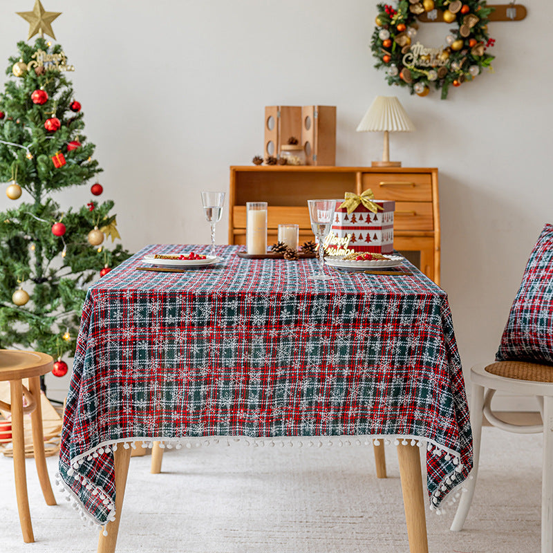 Festive Plaid Cotton-Linen Blend Rectangular Tablecloth with Pom-Pom Fringe and Matching Chair Cushion Covers