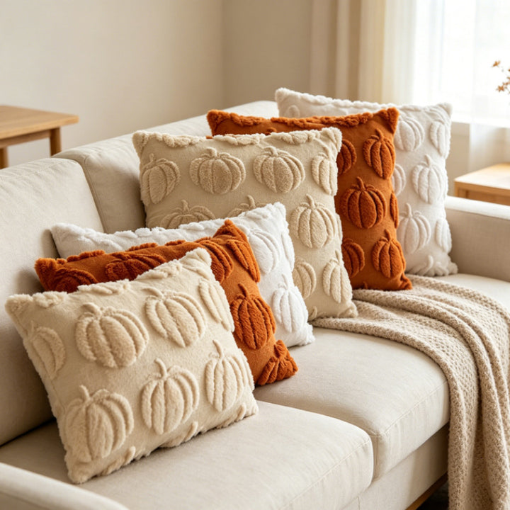 Autumn Pumpkin Chenille Tufted Square Throw Pillow Cover with Plush Raised Motif