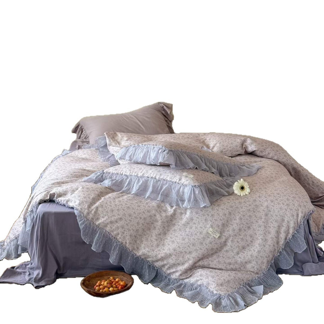 Ruffled-Trim Cotton Sateen Duvet Cover Set with Floral Microprint and Decorative Pillow Shams